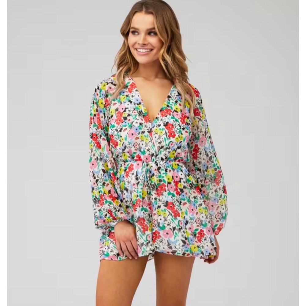 YUMI KIM | Naomi Romper in White Juniper V-Neck‎ Long Sleeve Floral Print Sz. XS